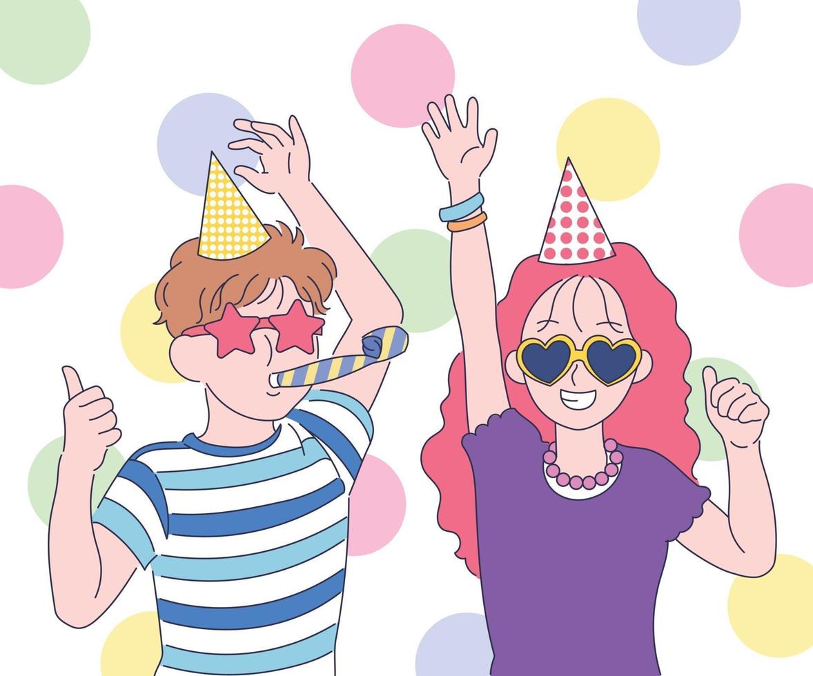 Ein süßes Paar feiert eine Party mit einer lustigen Sonnenbrille. Hand gezeichnete Art Vektor-Design-Illustrationen. vektor