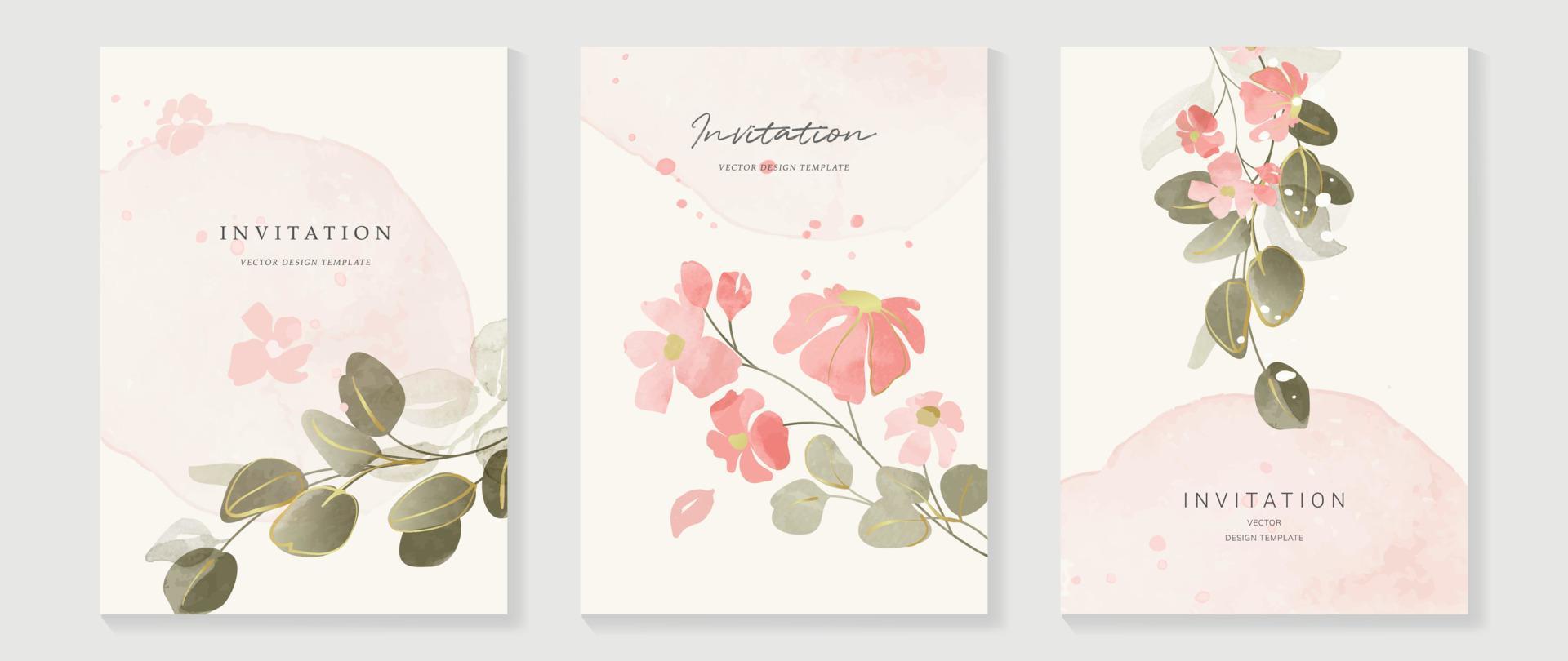 Luxus Hochzeit Einladung Karte Hintergrund Vektor. elegant Aquarell Textur im Rosa Blume, Blatt, Gold Linie. Frühling Blumen- Design Illustration zum Hochzeit und vip Startseite Vorlage, Banner, einladen. vektor