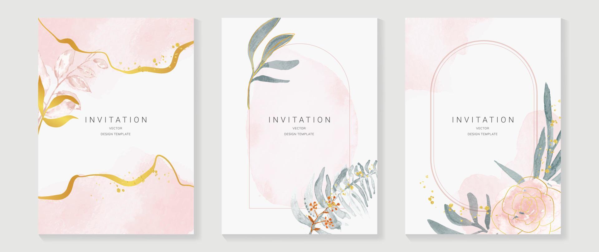 lyx bröllop inbjudan kort bakgrund vektor. elegant vattenfärg textur i rosa blomma, guld linje, guld gräns. vår blommig design illustration för bröllop och omslag mall, baner, inbjudan. vektor