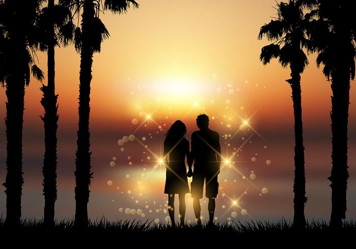 Par håller händerna mot en solnedgångsbakgrund vektor