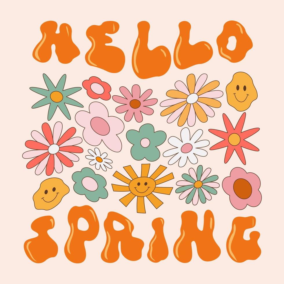 Hallo Frühling. Vektor Illustration mit Blumen, Sonne im Jahrgang Stil, Rave groovig Inschrift. drucken zum Postkarten, Poster, T-Shirts