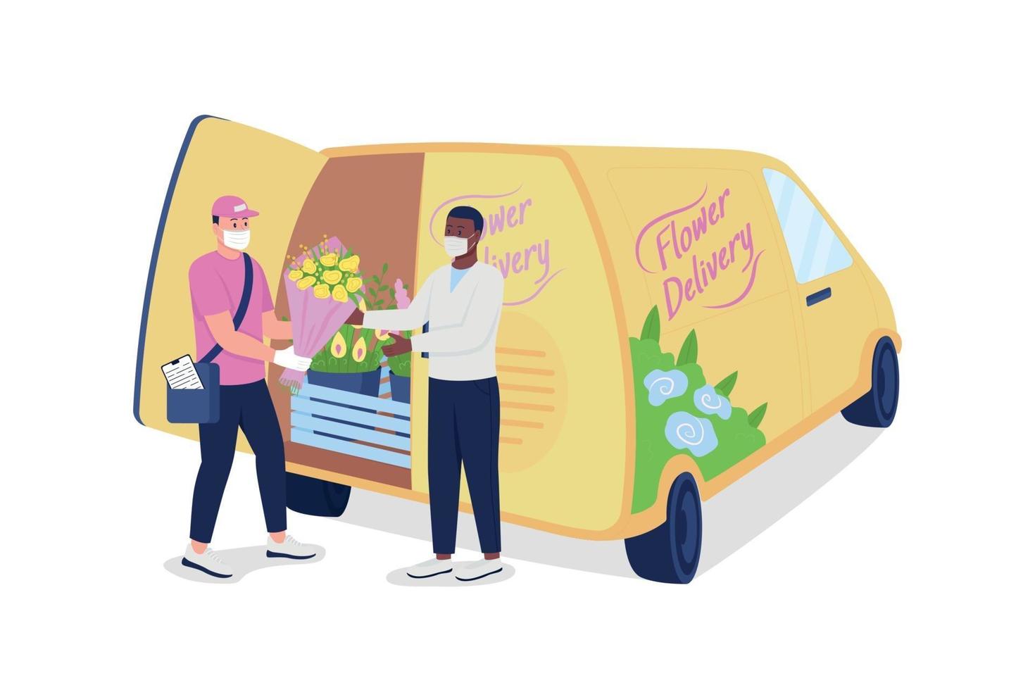 Kurier gibt Kunden Blumen in der Nähe von Lieferwagen flache Farbe Vektor detaillierte Zeichen