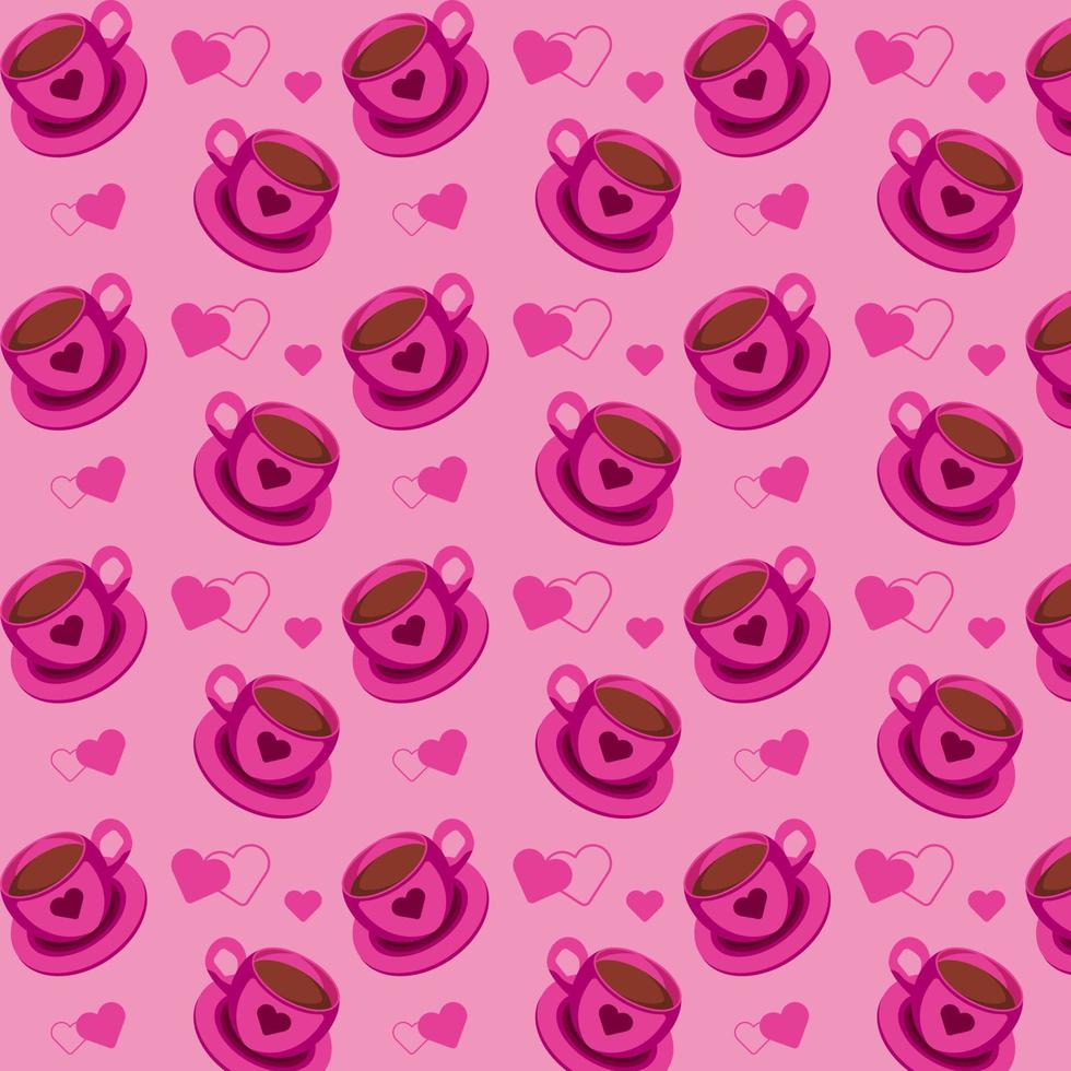 nahtlos Muster mit Rosa Kaffee Tassen und Herzen auf ein Rosa Hintergrund. Vektor Illustration