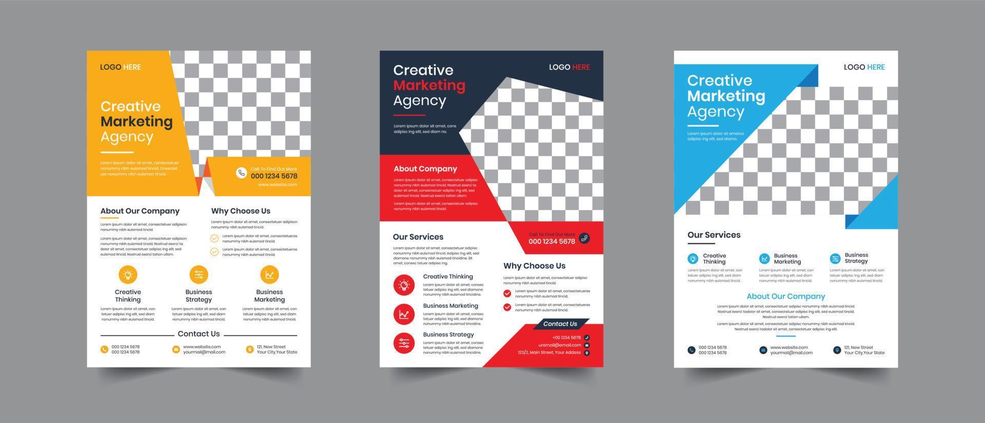kreativ företags- företag flygblad mall design. 3 affisch folder broschyr vektor illustratör. för marknadsföring, företag förslag, annonsera, årlig Rapportera, bok omslag, befordran, utbildning