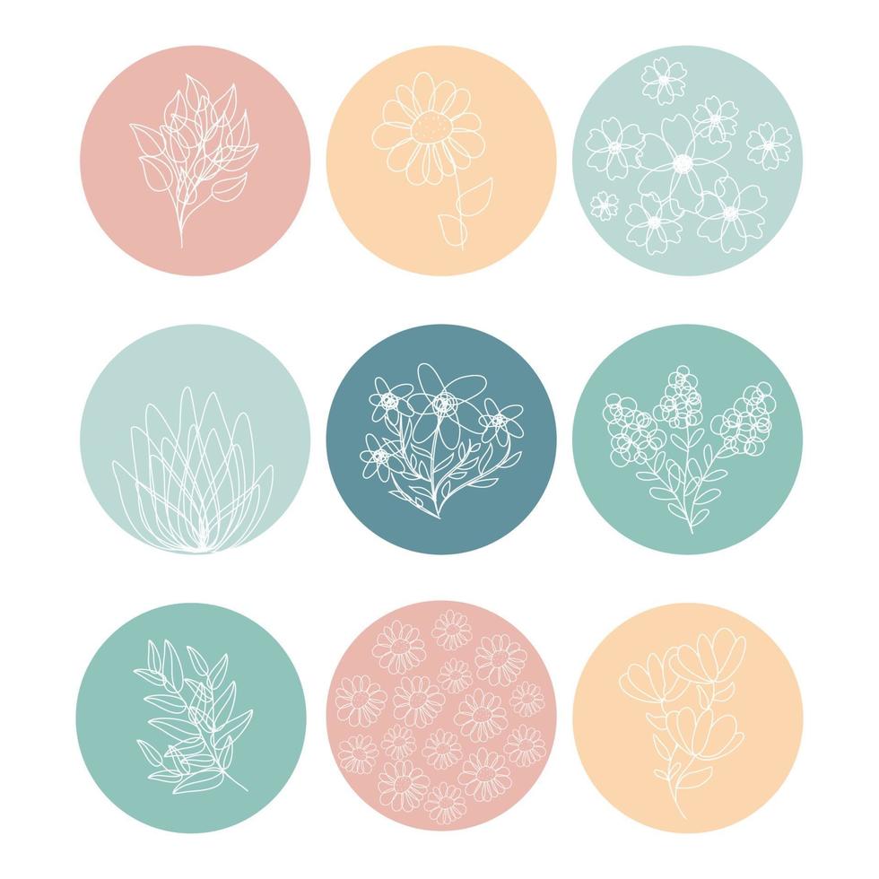 markera omslagsuppsättning, abstrakta blommiga botaniska ikoner för sociala medier. vektor illustration