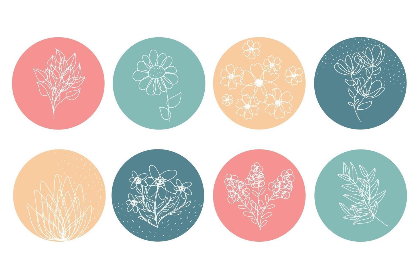 Highlight-Cover für Social-Media-Storys-Vektor. bunte Kreise mit Blüten und Blättern. runde florale botanische Ikonen. Perfekt für Blogger, Marken, Aufkleber, Wending, Design, Dekor vektor
