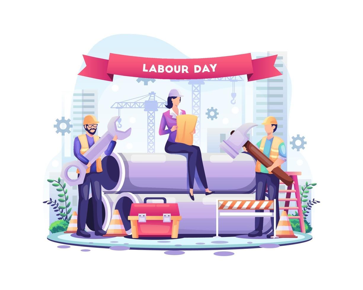 glad Labour Day. byggnadsarbetare arbetar på arbetsdagen den 1 maj. vektor illustration