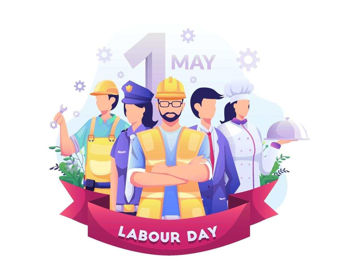 en grupp människor med olika yrken. affärsman, kock, poliskvinna, byggnadsarbetare. arbetsdagen den 1 maj. vektor illustration