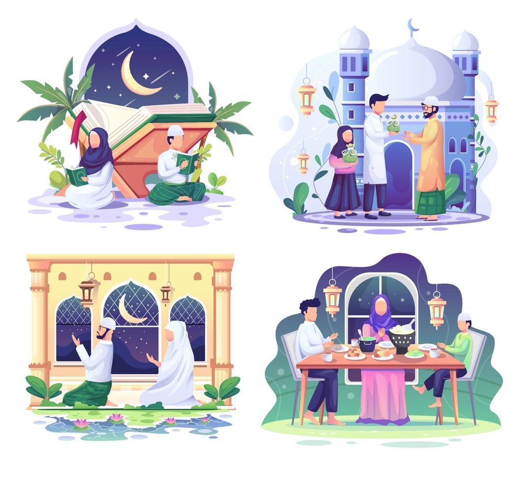 Satz von Ramadhan-Konzeptillustration. glückliche muslimische Leute feiern heiligen Monat Ramadhan, eid Mubarak Gruß. Vektorillustration vektor