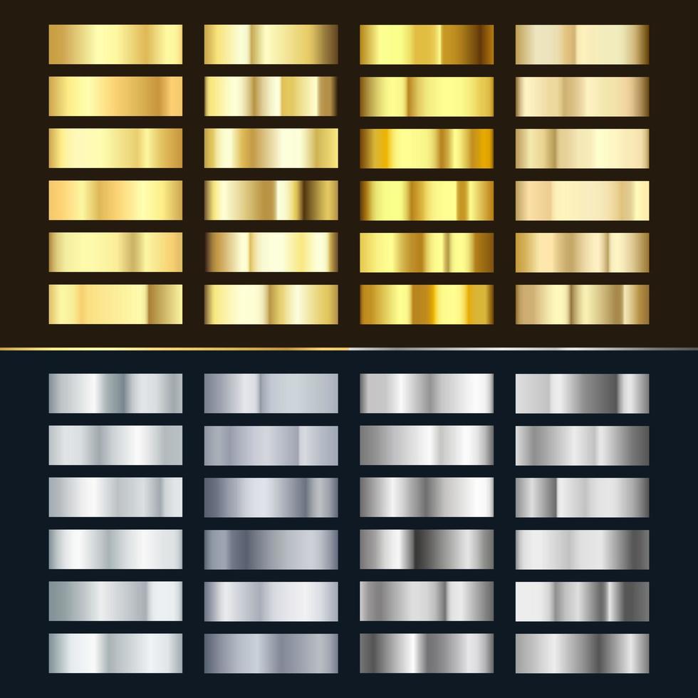 golden und Silber Gradient Satz. verschiedene von glänzend silbrig und Gold Muster. realistisch metallisch vereiteln. Vektor Illustration isoliert auf Weiß Hintergrund