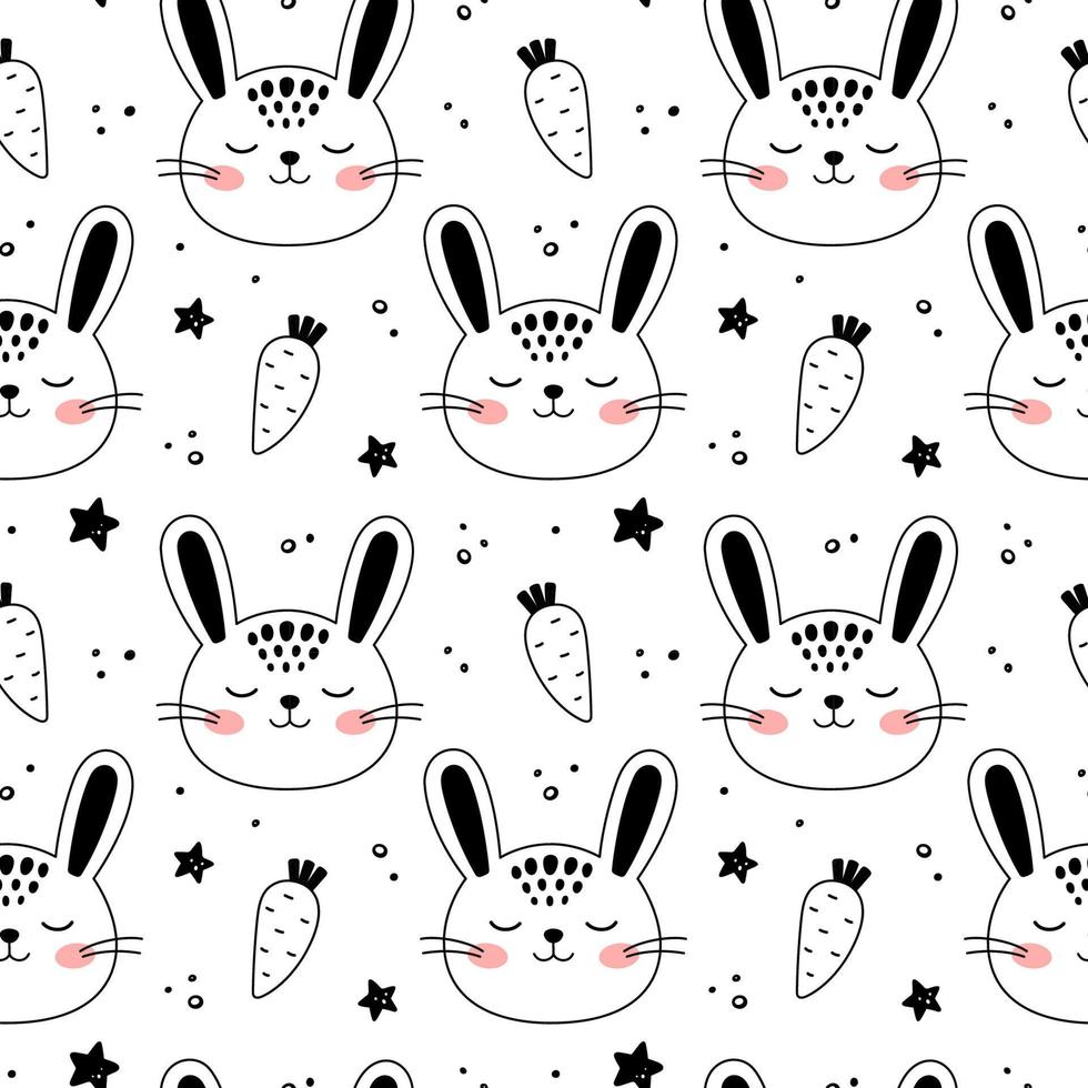 wenig Hase Gekritzel Stil. Hand gezeichnet nahtlos Muster mit süß Karikatur Kaninchen, Punkte, Möhren, Sterne. Kinder Hintergrund. Kinder Design Textur. Vektor Illustration