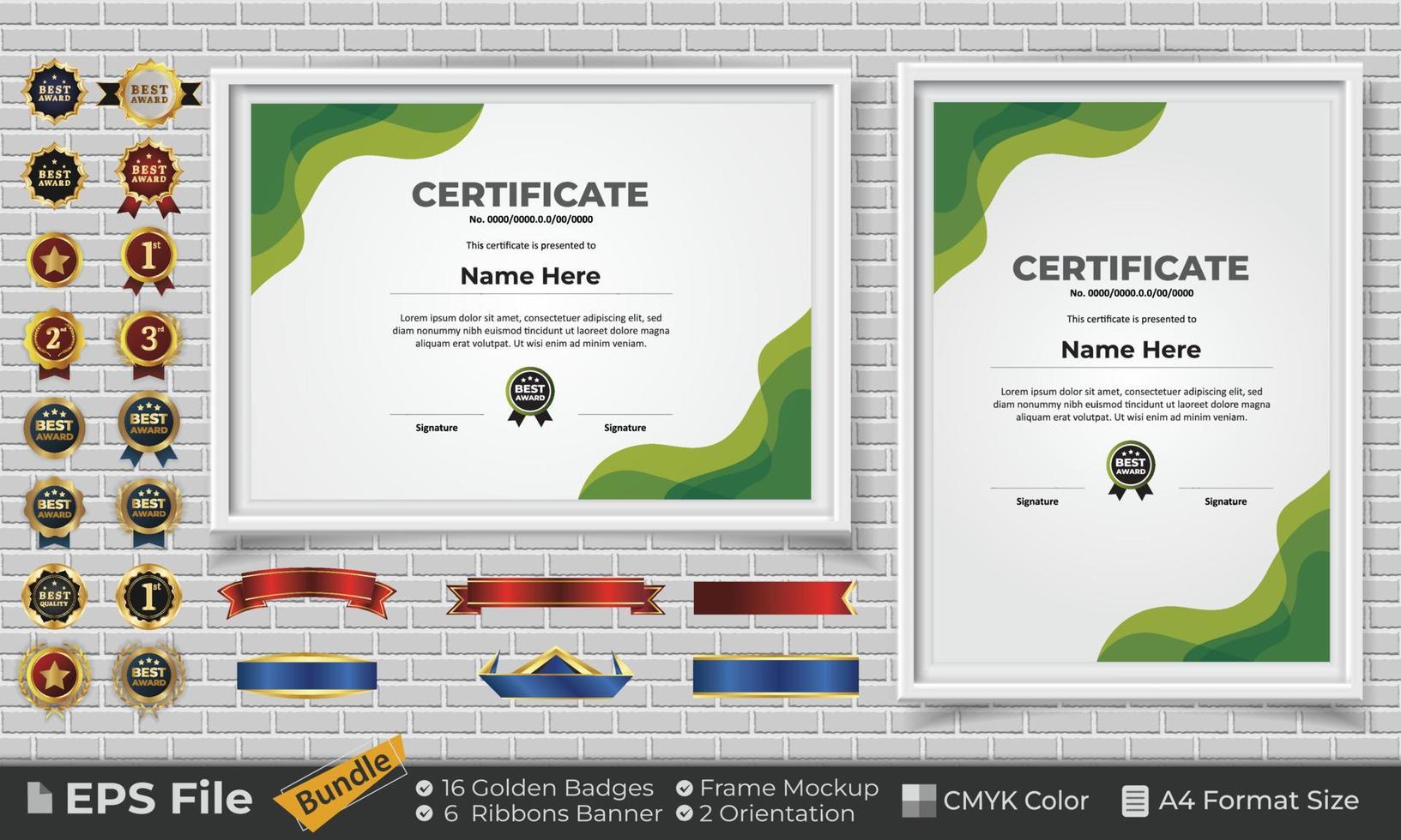 mall certifikat design bunt med band, gyllene märken, och ram prototyper för uppskattning, tilldela, komplettering, diplom. cmyk Färg a4 formatera vektor