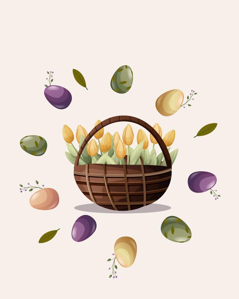 Ostern. Tulpen im ein Korb mit Eier und Blätter. Vorlage zum Poster, Banner, Einladung. Karikatur Stil vektor