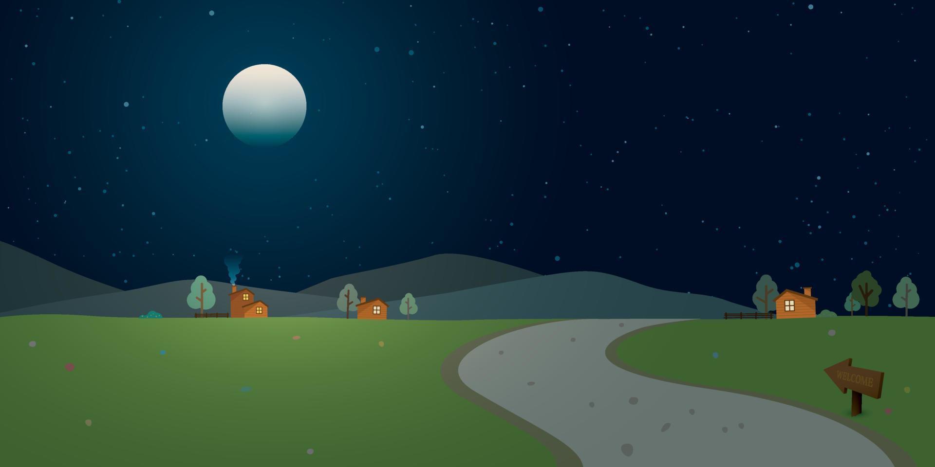 lokal- väg genom de by till kullar på landsbygden landskap på natt med fullmåne och en massa av stjärnor i de himmel vektor illustration.