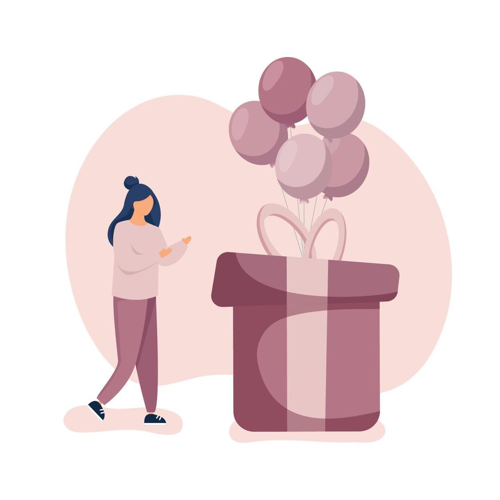 flicka fira födelsedag, stående nära enorm gåva låda med ballonger. vektor