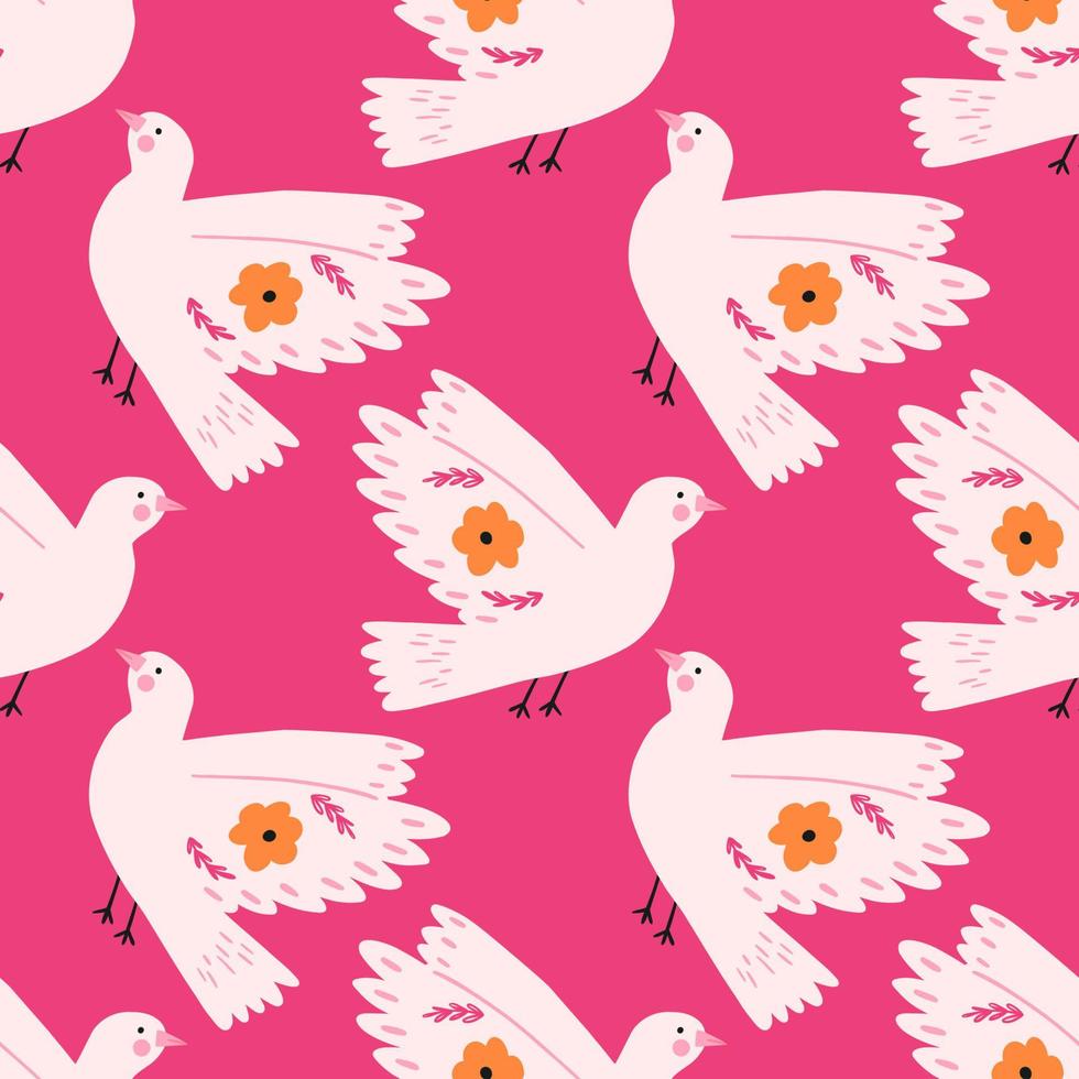 bunt nahtlos Muster mit Hand gezeichnet Taube Vogel, eben Vektor Illustration auf Rosa Hintergrund. funky und schrullig Muster mit Konzept von Liebe und Valentinstag Tag.
