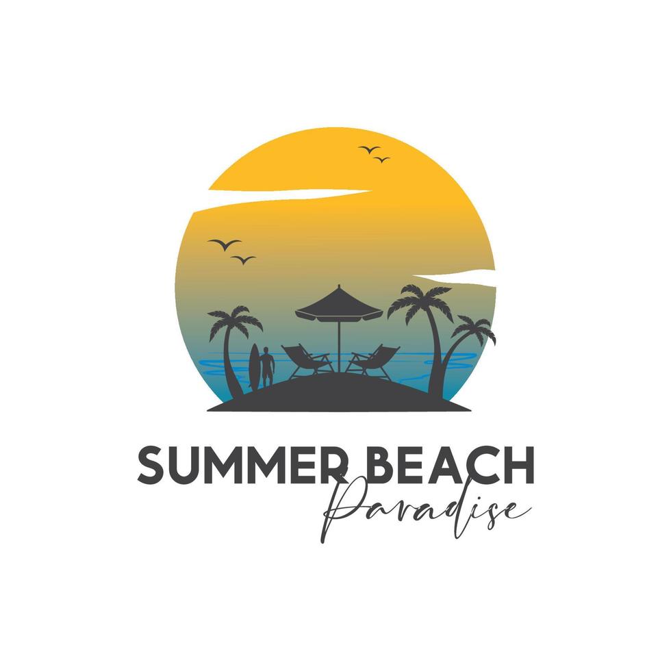 Sommer- Strand Silhouette Logo mit Sonne Stuhl Regenschirm und Palme Vektor Design