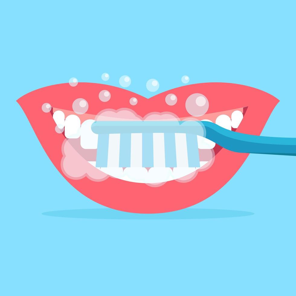 pensling tänder illustration vektor platt, tandborste, tänder, tandkräm, mun på blå bakgrund, platt design vektor illustration