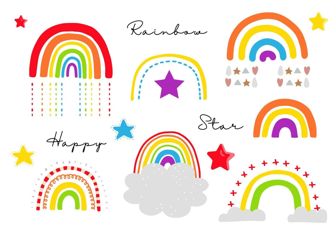 levande regnbåge uppsättning med sol, stjärna illustration för klistermärke, vykort, födelsedag invitation.editable element vektor