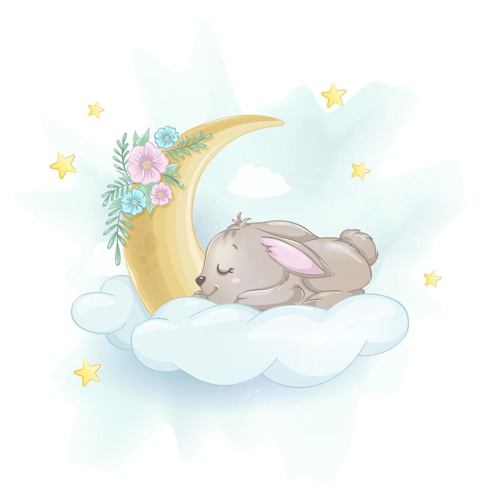 süßes kleines Kaninchen, das auf einer Wolke schläft vektor