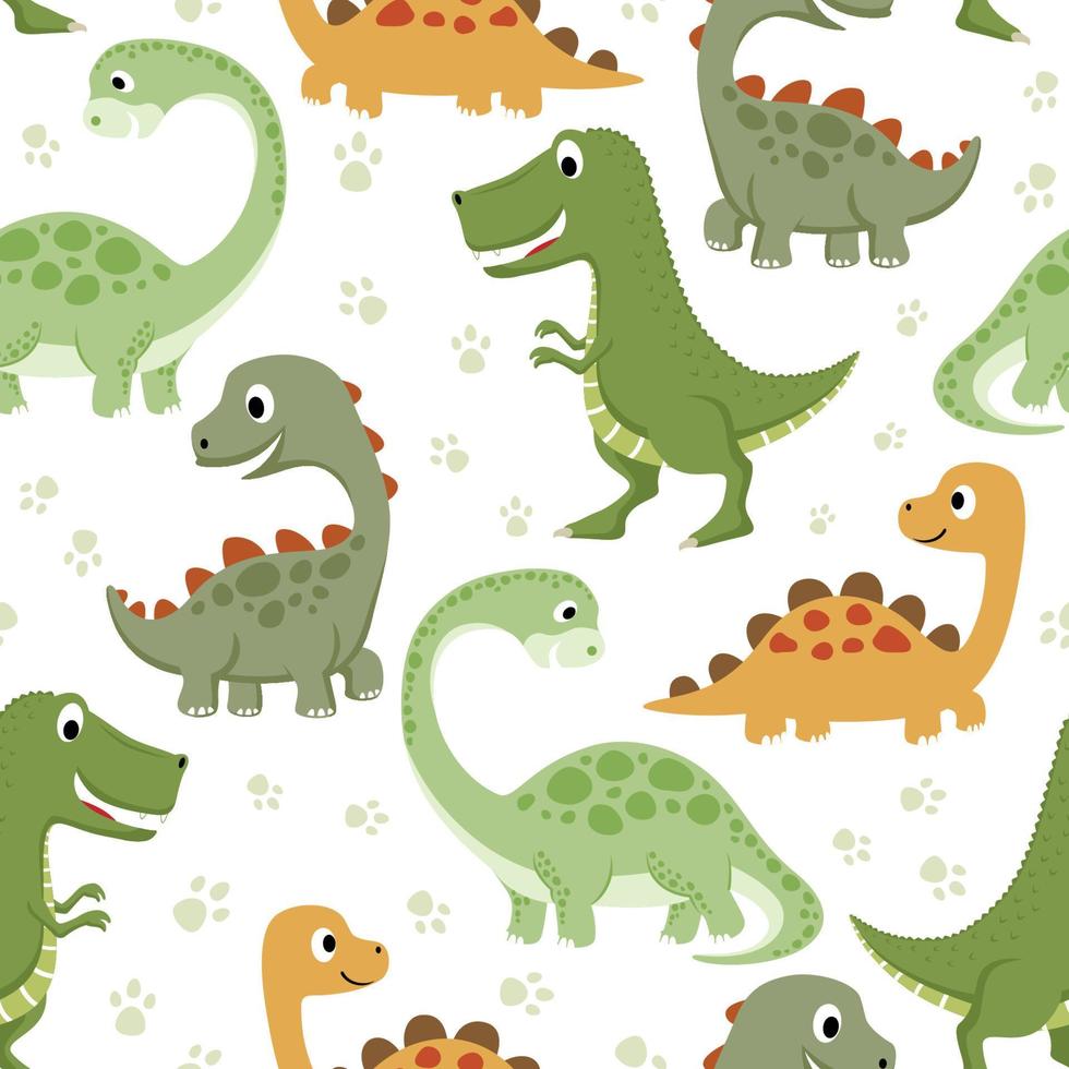 sömlös mönster vektor av rolig dinosaurier tecknad serie med djur spår