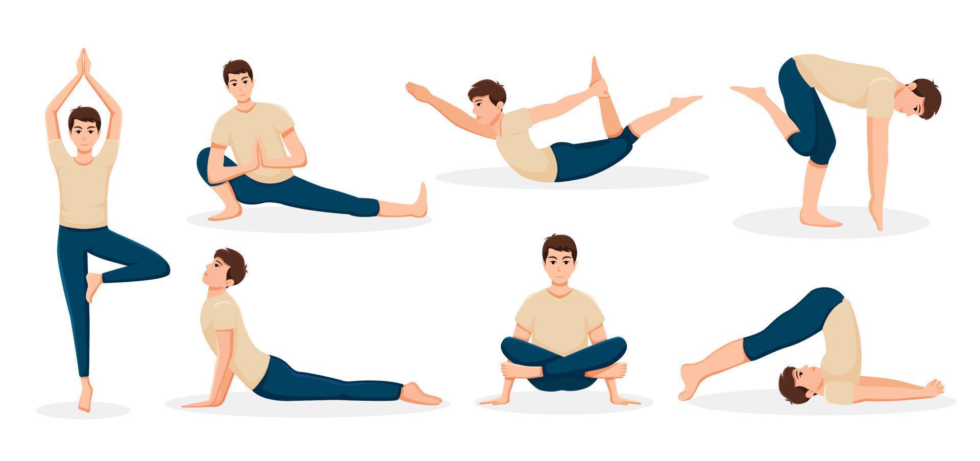 uppsättning av ung man håller på med yoga poser illustration vektor