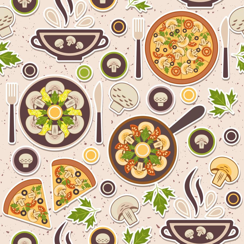 nahtlos Muster mit Pilz Mahlzeiten. Pizza, Suppe, roh, gebraten Champignons. texturiert Hintergrund. einfach geometrisch Stil. gut zum Marke, Dekoration von Essen Paket, Startseite Design, dekorativ druckt vektor