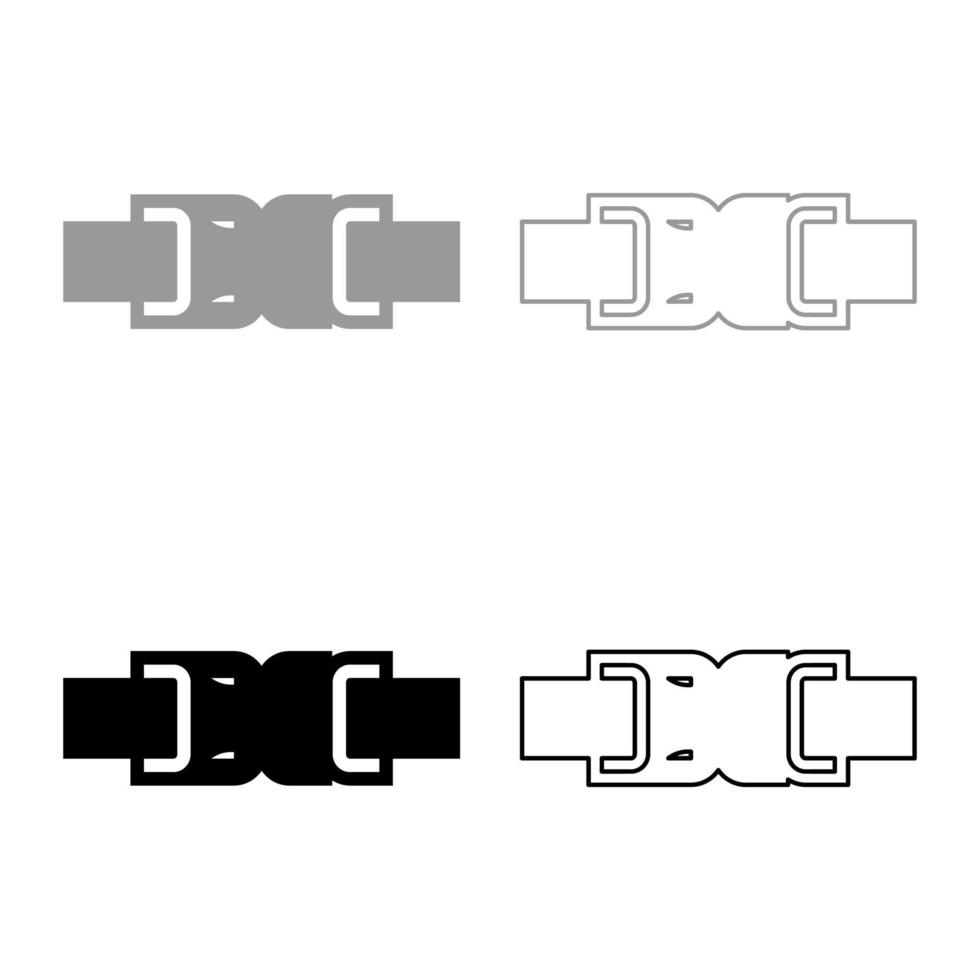 Schnalle Verschluss Schließe Möbel zum Kleider System von schnell einrasten beitreten zum Rucksack Tasche geschlossen einstellen Symbol grau schwarz Farbe Vektor Illustration Bild solide füllen Gliederung Kontur Linie dünn eben Stil