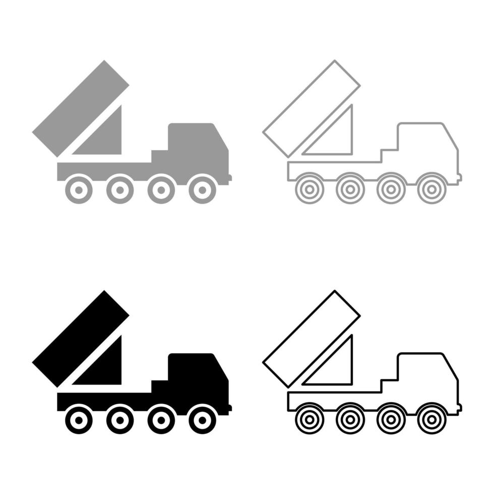 reaktiv System Volley Feuer Salve Artillerie amerikanisch mehrere starten auf auf Rädern Chassis hoch Mobilität Heer Militär- LKW Luft Verteidigung Anti Flugzeug einstellen Symbol grau schwarz Farbe Vektor Illustration Bild