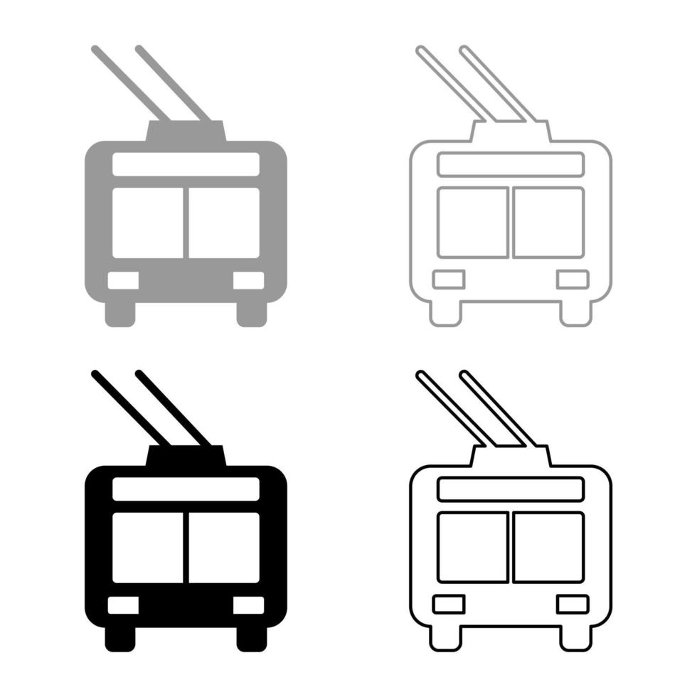 trolleybuss elektrisk stad transport urban offentlig transport vagn buss uppsättning ikon grå svart Färg vektor illustration bild fast fylla översikt kontur linje tunn platt stil