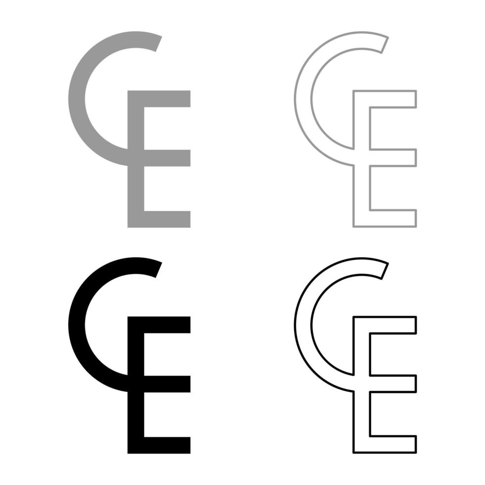 Euro Währung Zeichen Ecu europäisch Symbol Ecu ce ce einstellen Symbol grau schwarz Farbe Vektor Illustration Bild solide füllen Gliederung Kontur Linie dünn eben Stil