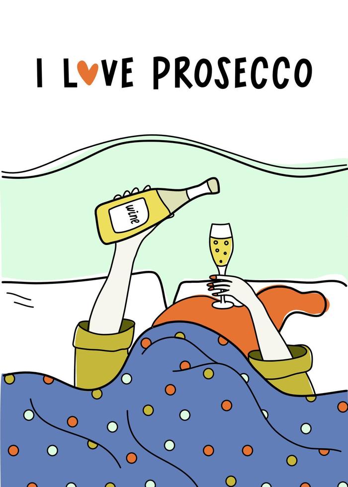 ich Liebe Prosecco. Vektor Illustration von Frau im Pyjama Lügen im Bett mit Glas von funkelnd Wein und Flasche. Wein Party, gut Morgen, entspannend und Urlaub Konzept.