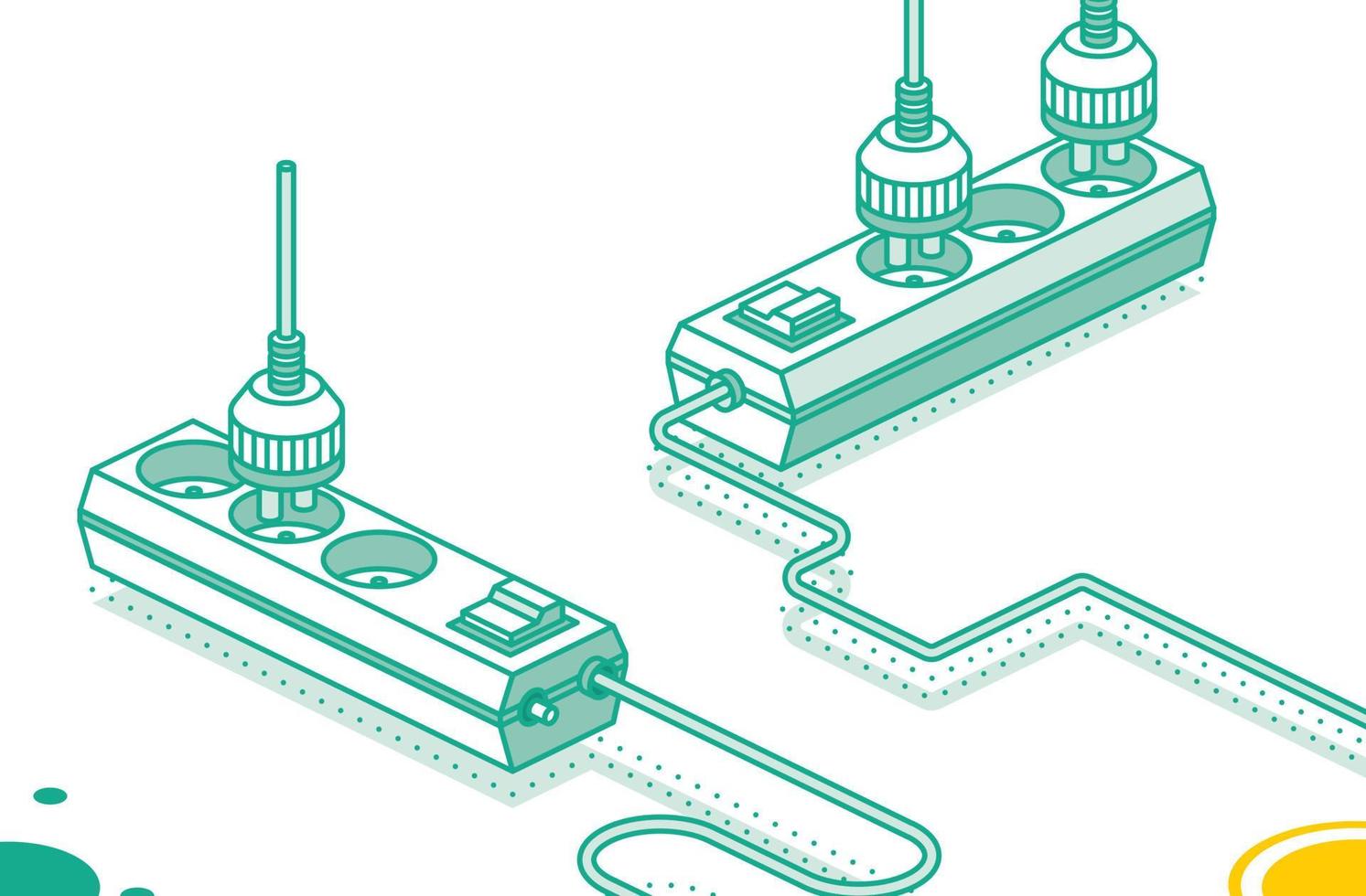 modern elektrisk förlängning sladd med plugg. elektrisk kraft uttag remsa. isometrisk översikt begrepp. två objekt. kraftkort med tre slots. vektor