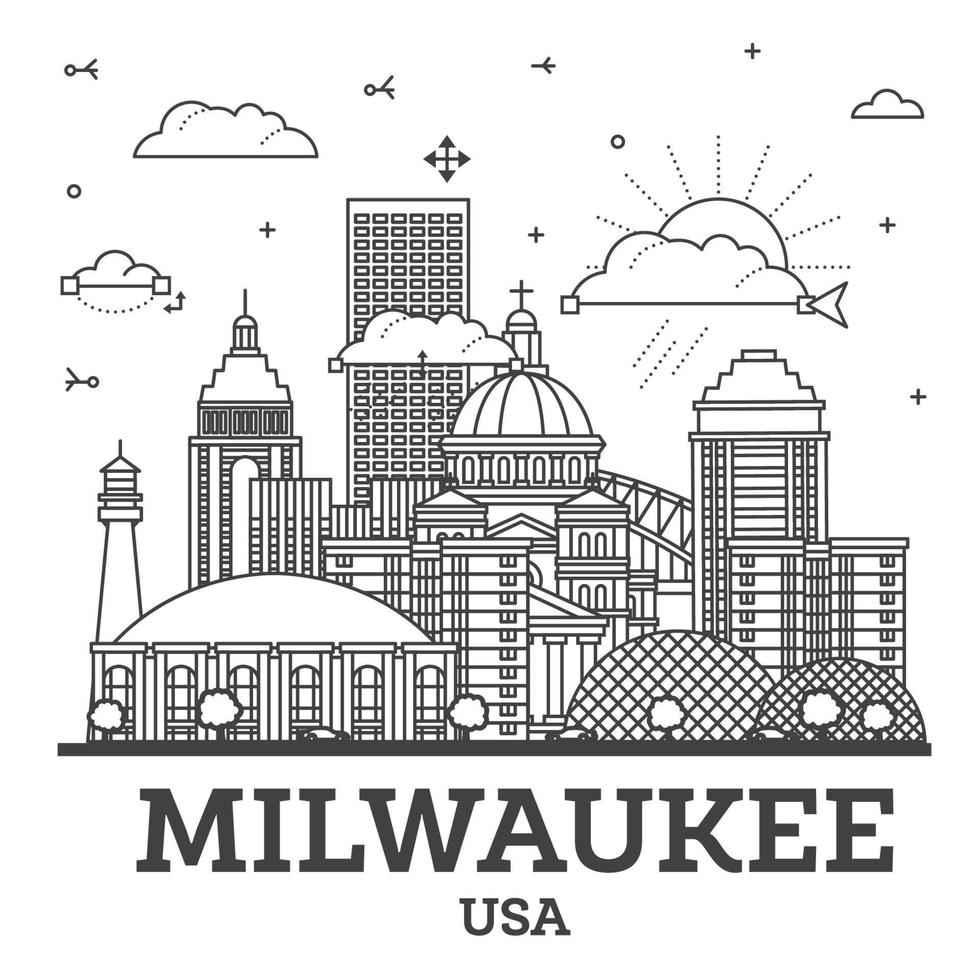 Gliederung Milwaukee Wisconsin Stadt Horizont mit modern Gebäude isoliert auf Weiß. Milwaukee USA Stadtbild mit Sehenswürdigkeiten. vektor