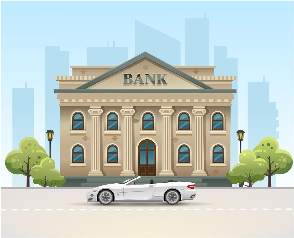 bankbyggnad. bank i staden. bilen är på banken. pengar på banken. vektor illustration