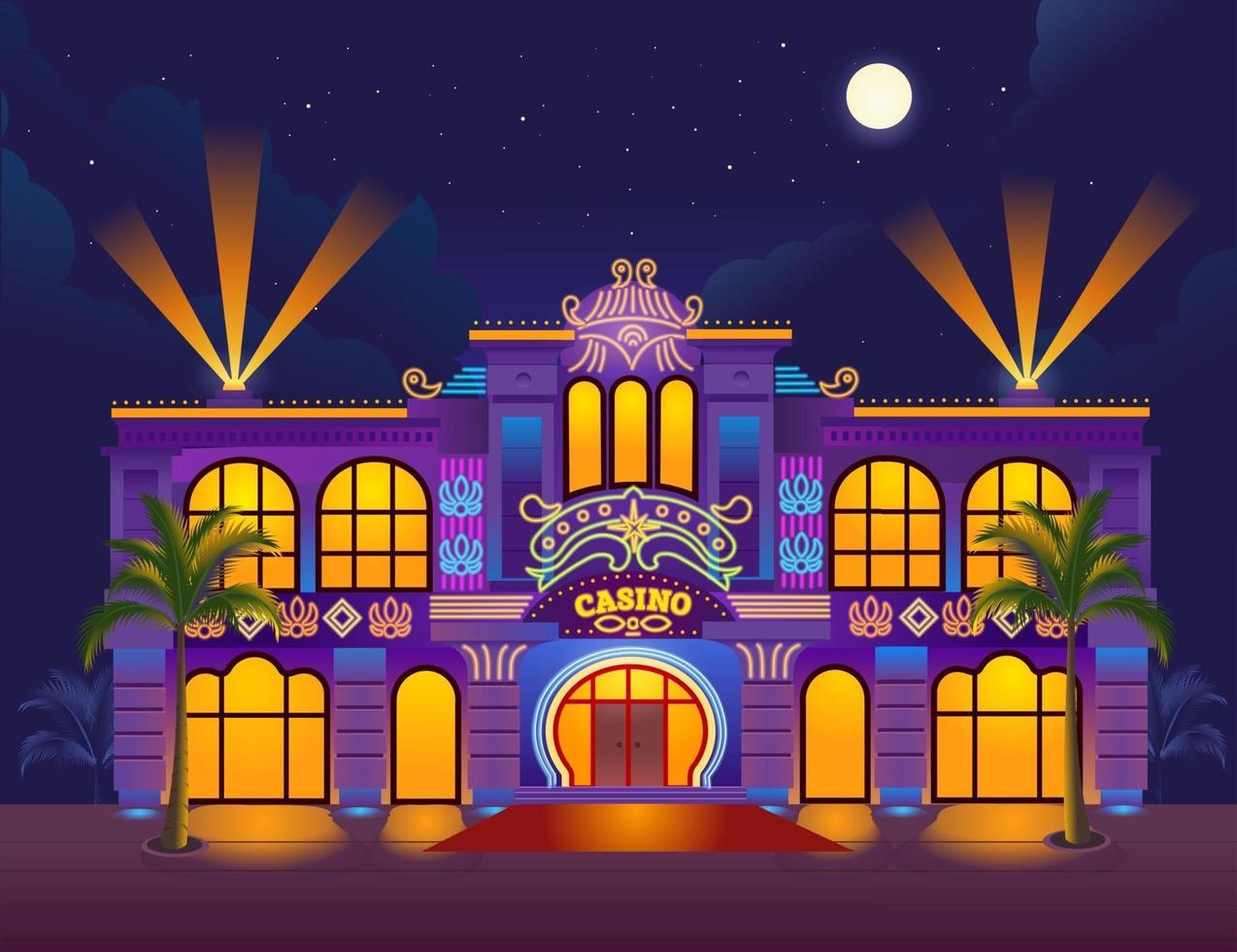 Kasinogebäude, Kasino bei Nacht, Leuchtreklamen, Spielehaus. Vektorillustration vektor