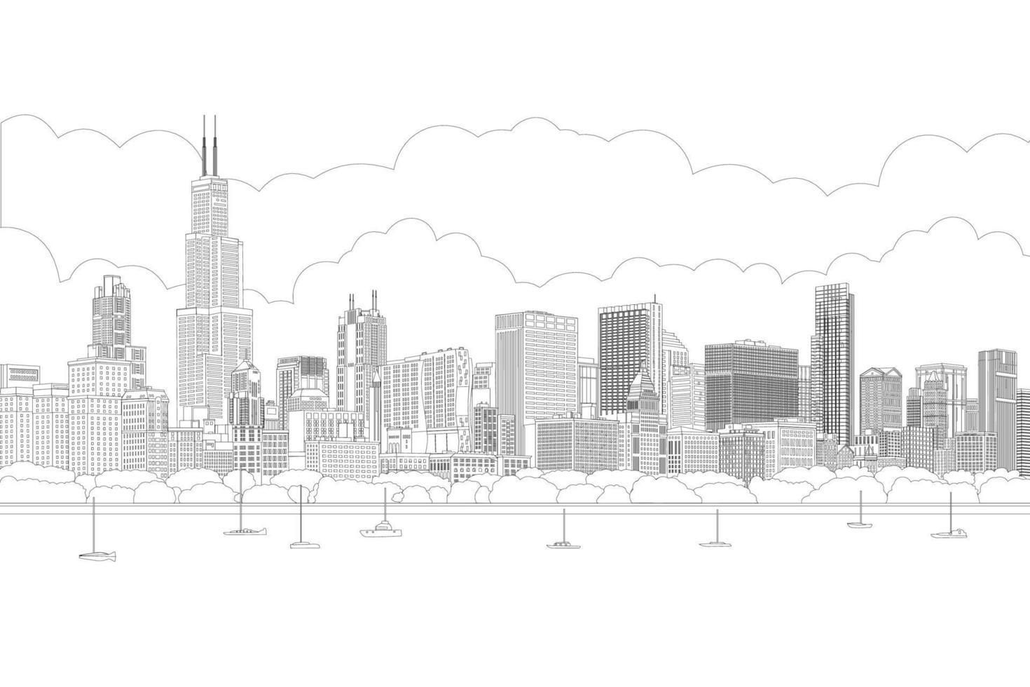 chicago, byggnad, skyskrapa, horisont i solig solnedgång återspeglas i vatten. chicago stadspanorama med båtar. linjeteckning, vektor