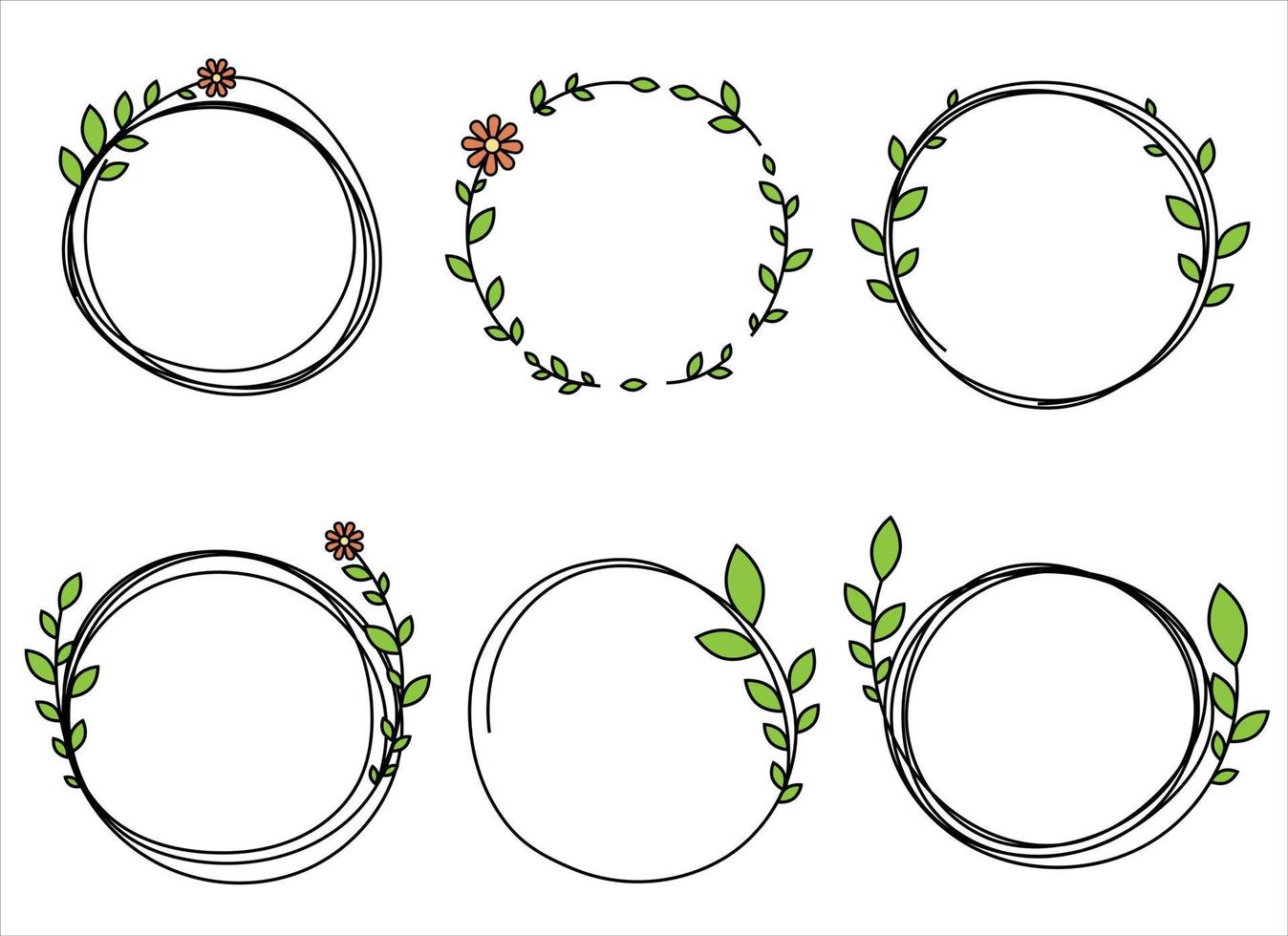 hand dragen cirkel ram dekoration element med löv och blommor klämma konst vektor