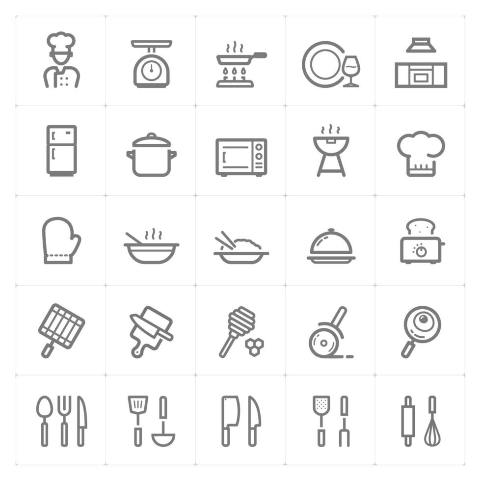 köksredskap och ikoner för matlagningslinje. vektorillustration på vit bakgrund. vektor