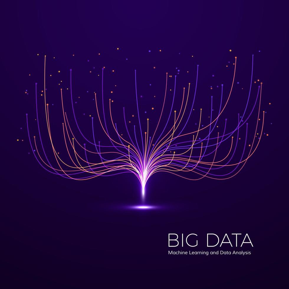 groß Daten Maschine Lernen und Daten Analyse. Digital Technologie Visualisierung. Punkt und verbinden Linien Daten fließen und wird bearbeitet Information. Vektor