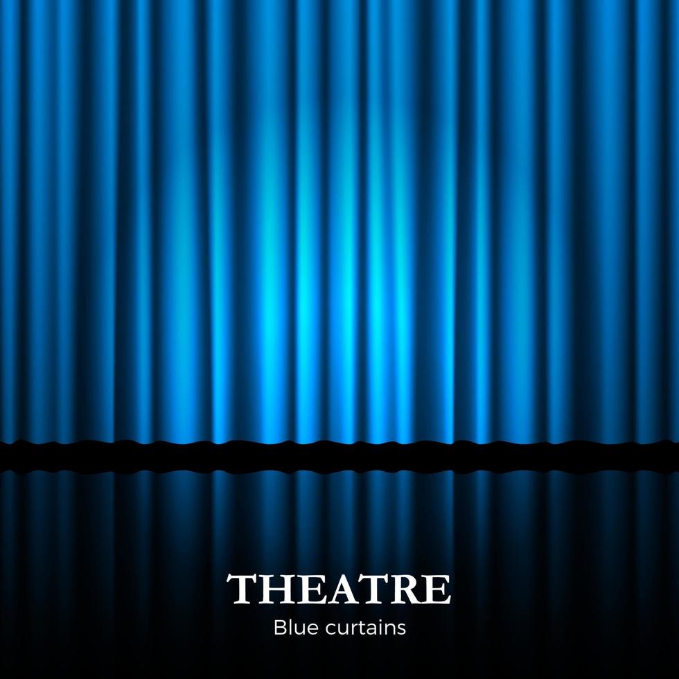 stängd blå teater ridå med strålkastare och reflexion i botten. bakgrund för baner eller affisch. vektor illustration