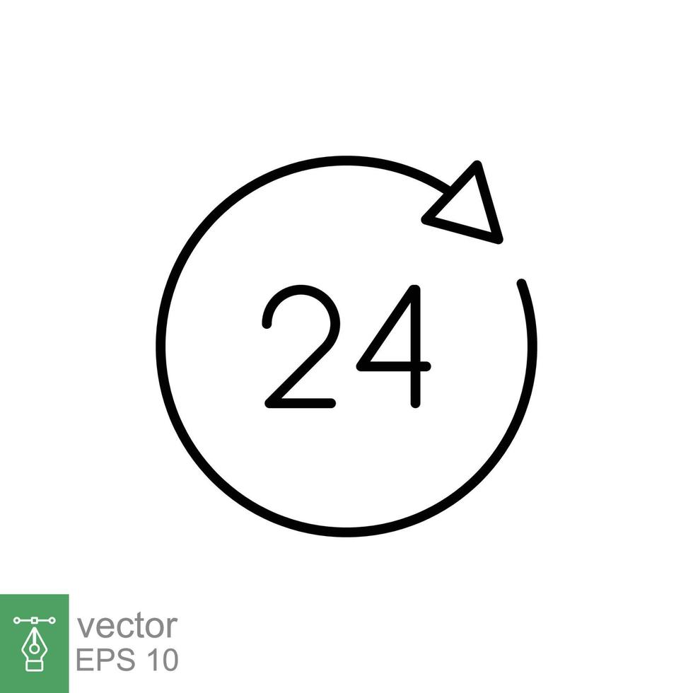 24 Stunde Symbol. um das Uhr Arbeit Bedienung oder Unterstützung, immer verfügbar Konzept. einfach Gliederung Stil. dünn Linie Symbol. Vektor Illustration isoliert auf Weiß Hintergrund. eps 10.