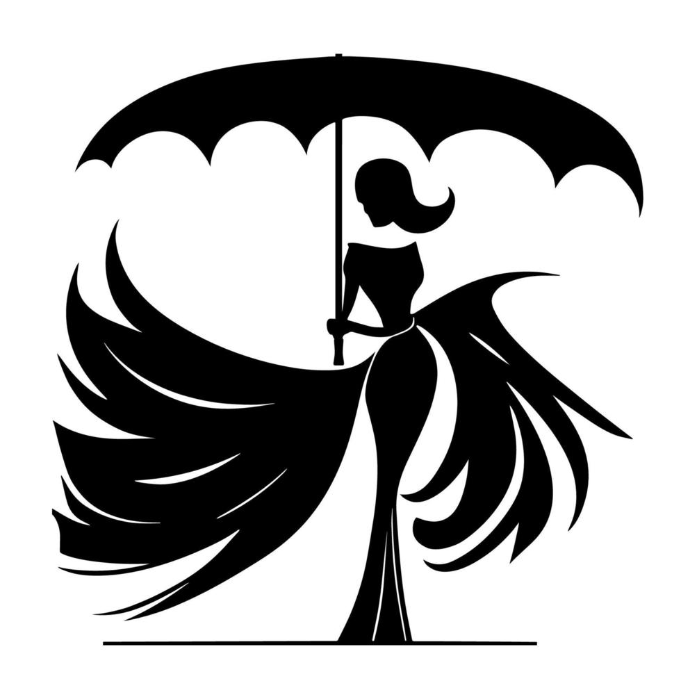 vektor illustration skildrar de silhuett av en kvinna med henne händer innehav ett paraply blåst förbi de vind.