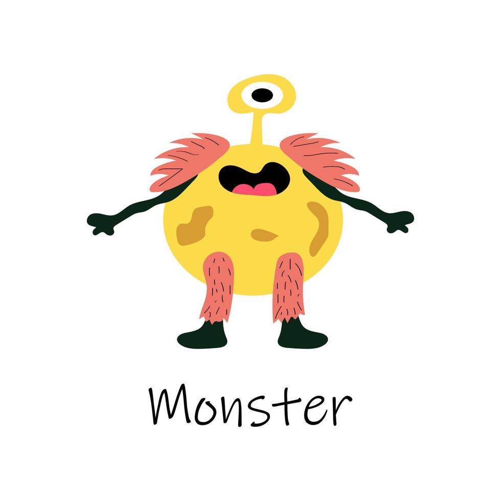 söt tecknad serie monster i platt stil med hårig ben. Häftigt fluffig gul utomjording. snäll monster med en leende. illustration med de inskrift monster. platt mutant. skriva ut för textilier vektor