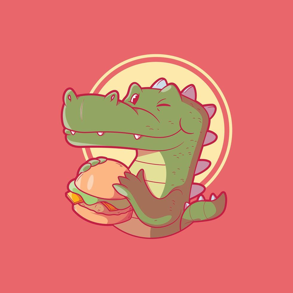 en krokodil karaktär äter en burger vektor illustration. mat, djur, karaktär design begrepp.