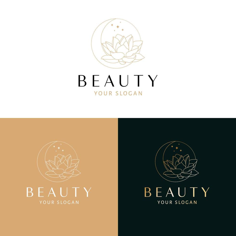 skönhet logotyp design. måne och lotus blomma vektor logotyp. bohemisk blommig logotyp mall.