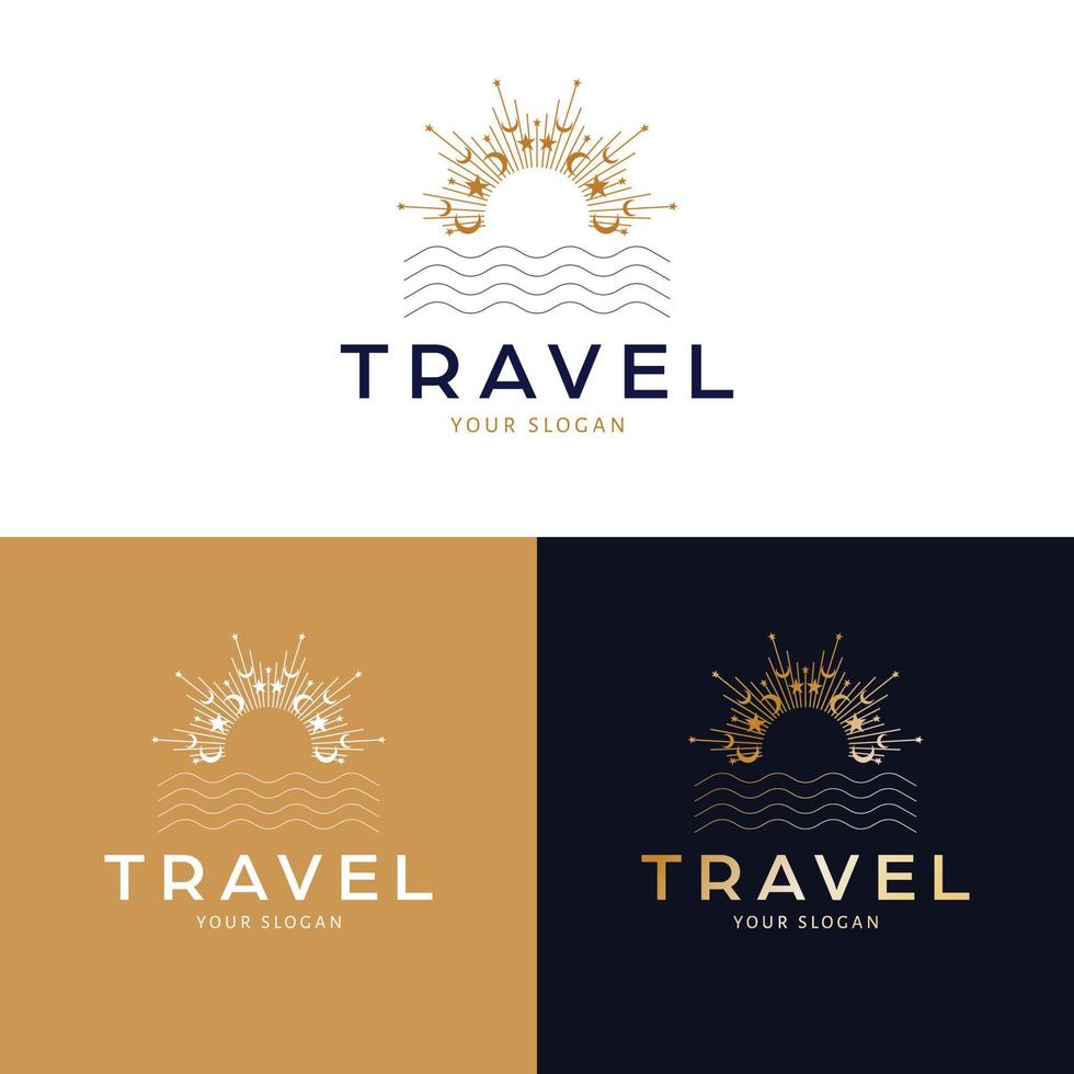 Reise Logo Design. Sonnenuntergang und Meer abstrakt Vektor Logotyp. tropisch Ferien Bohemien Logo Vorlage.