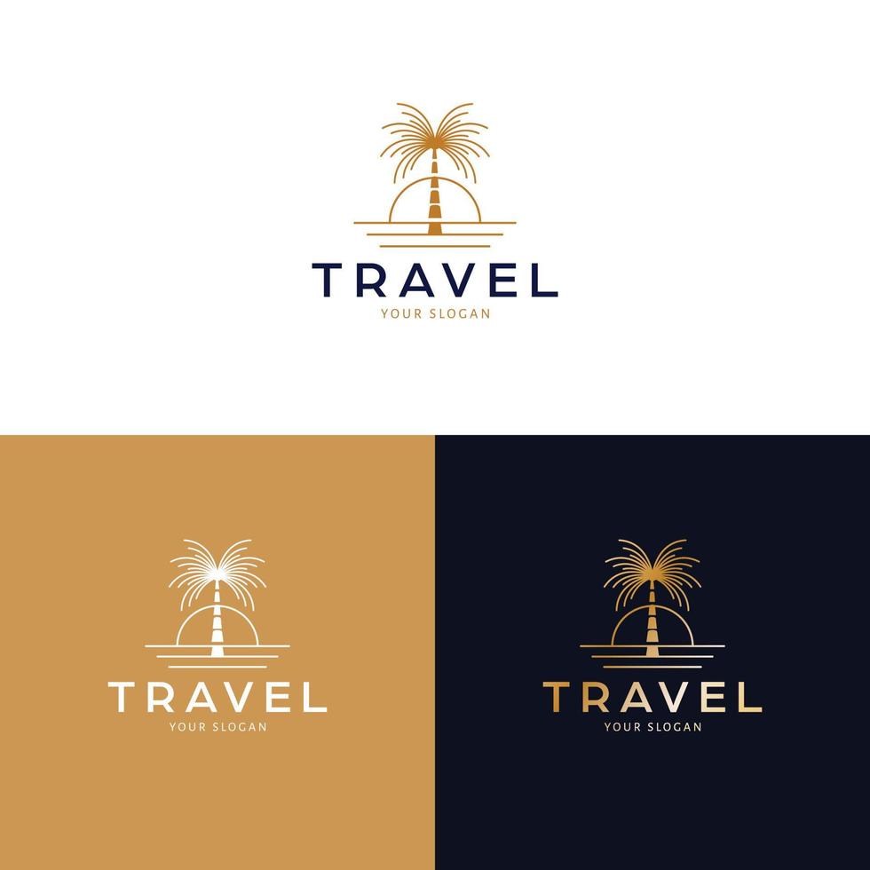 Reise Logo Design. Palme und Sonnenuntergang Vektor Logotyp. tropisch Ferien Logo Vorlage.