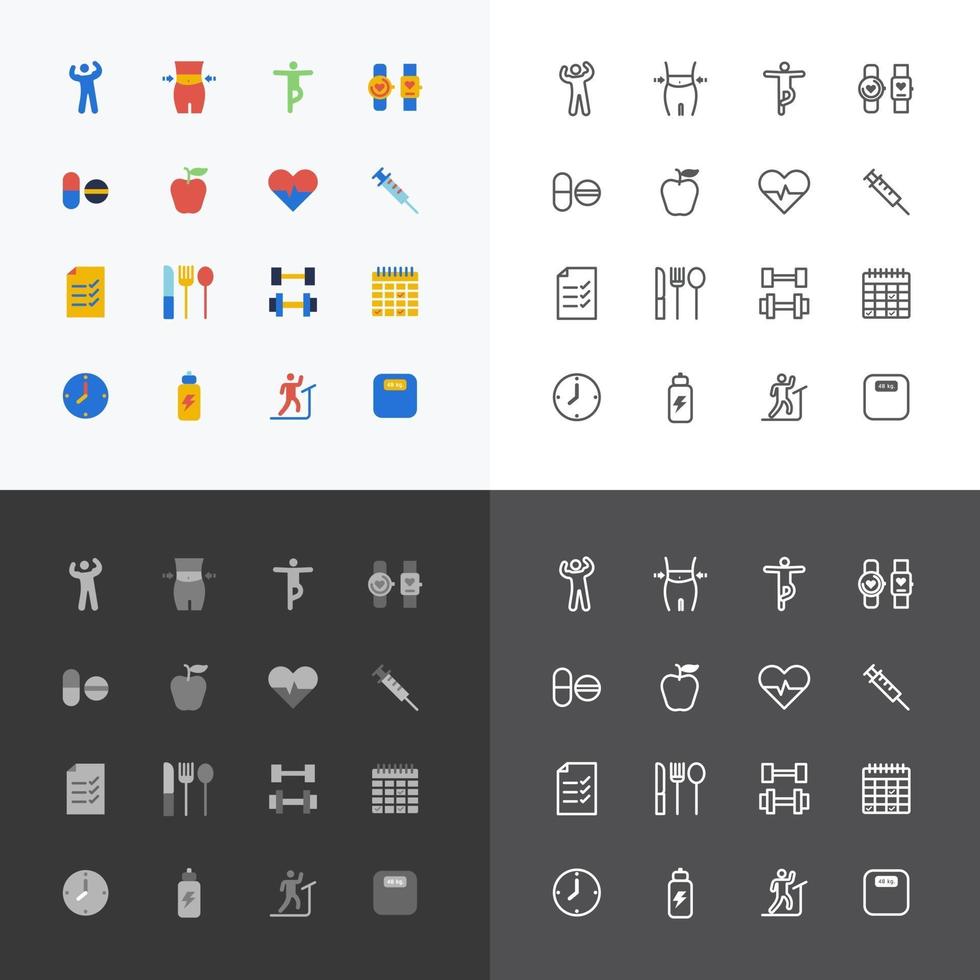 Gesundheits- und Fitnessschattenbildikonen-Flachlinien-Entwurfsvektorsatz. vektor