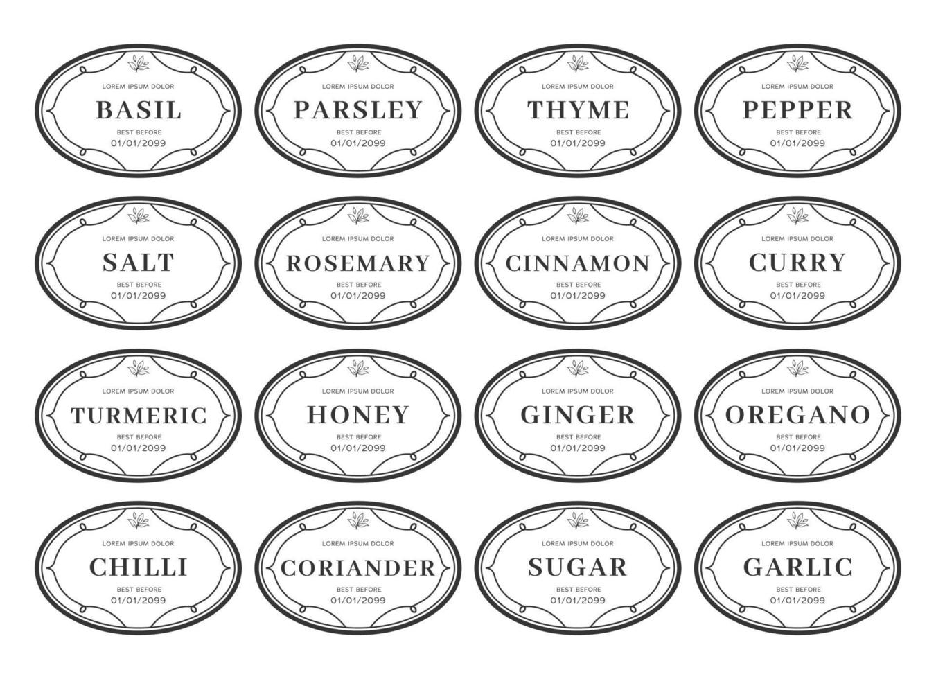 kryddor kök skafferi etikett klistermärke set arrangör svart vit vintage stil vektor
